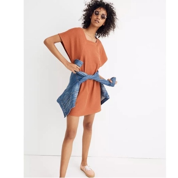 Madewell Texture and Thread Square Neck Pop-On Dress Ottoman Jacquard‎ Orange - Picture 1 of 13